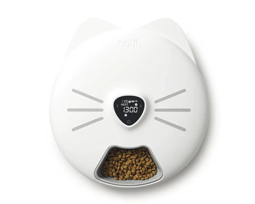 Automatisk kattmatsautomat i kattform med digital tidsvisning och matskål