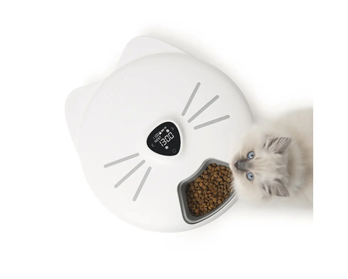 Vit, automatisk matare i form av en katt, med en katt som äter