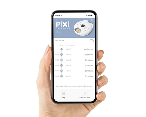 Smartphone med användargränssnittet för en app för att styra en automatisk foderautomat för djur
