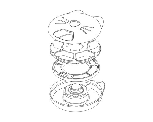 Sprängskiss av en foderautomat för katter med lock i form av en katt