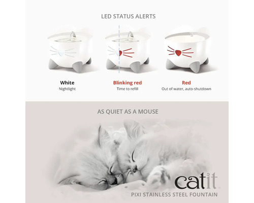 Catit Pixi dricksfontän i rostfritt stål med LED-statusdisplay och sovande katter