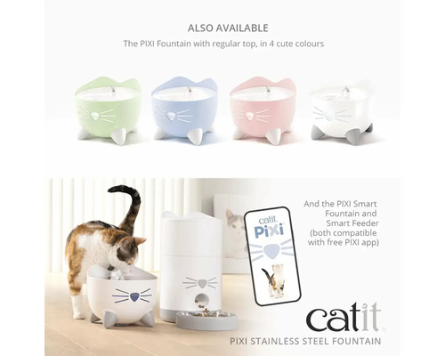 Catit Pixi rostfri stålfontän och smart matare för katter, i kattdesign