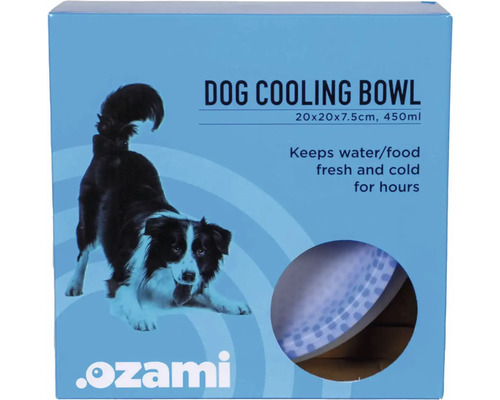 Förpackning med kylmatta för hundmatskålar med måtten 20x20x7,5cm och en kapacitet på 450ml