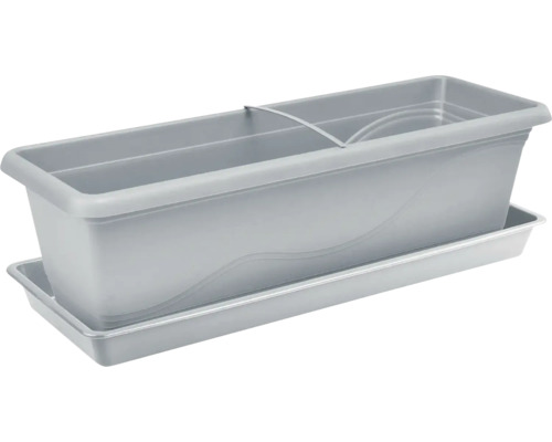 Grå blomlåda i plast med fat