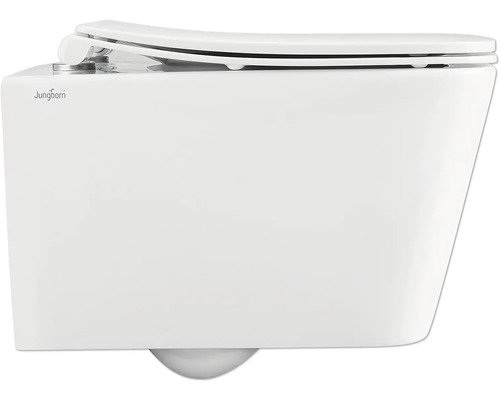 Vägghängd toalett med öppen spolkant och Jungborn logotyp.