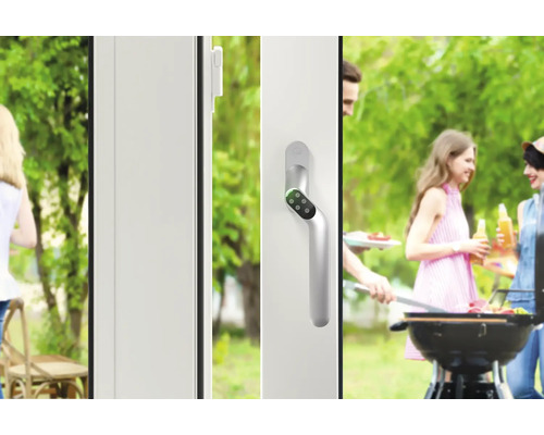 Scen med en vit dörr och ett fönsterhandtag med numerisk kod, en grillfest i bakgrunden.