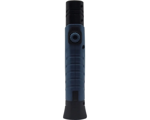 Detaljvy av en blå lödlampa med svart handtag och vridknapp