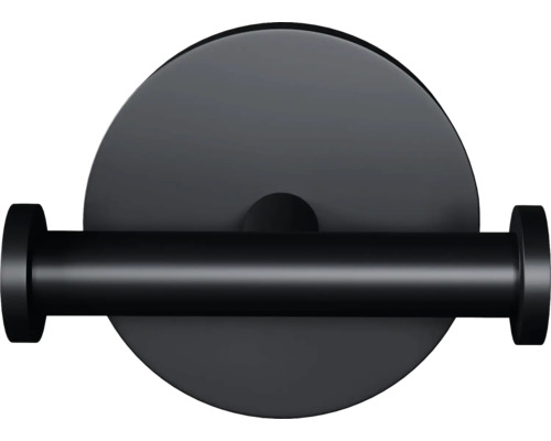 Svart toalettpappershållare med rund väggfäste.