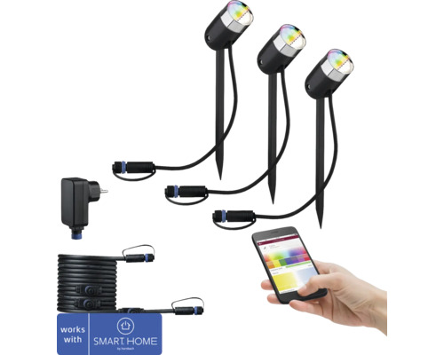 Trädgårdsspot PAULMANN Spot Pike Plug & Shine ZigBee set RGBW 3x4W IP44 antracit Tre svarta trädgårdsspotlights med markspett, nätaggregat och en smarttelefon med en app för att styra spotlightsen