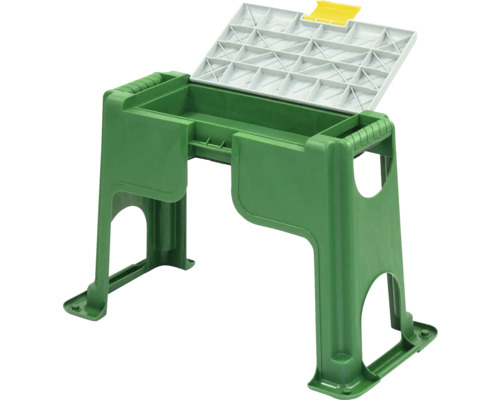 Trädgårdspall med verktygsfack och fällbart lock