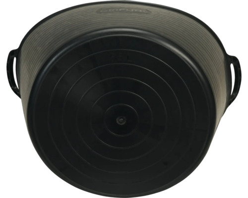 Svart murbruksbalja med två handtag och koncentriska cirklar i botten