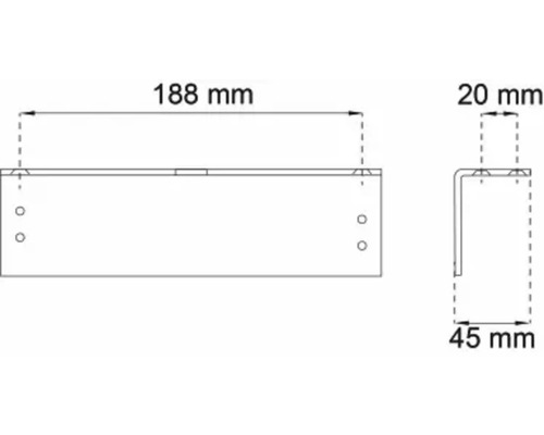 Teknisk ritning av en monteringsvinkel med måtten 188 mm, 20 mm och 45 mm.