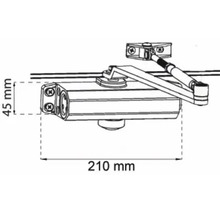 Ritning av en dörrstängare med måtten 45 mm hög och 210 mm lång