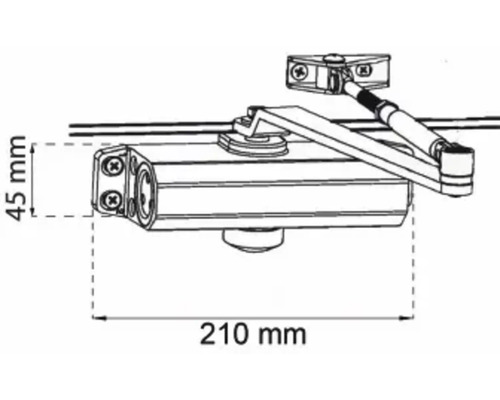 Ritning av en dörrstängare med måtten 45 mm hög och 210 mm lång