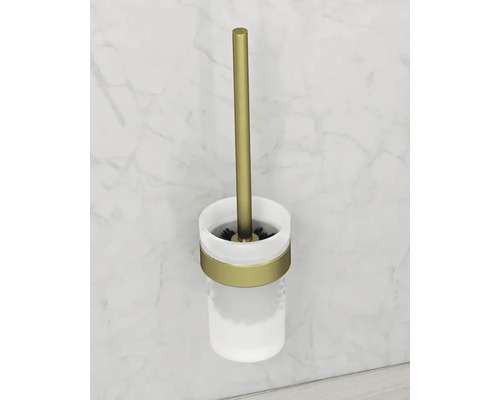 Vägghängd toalettborste med behållare av glas och hållare