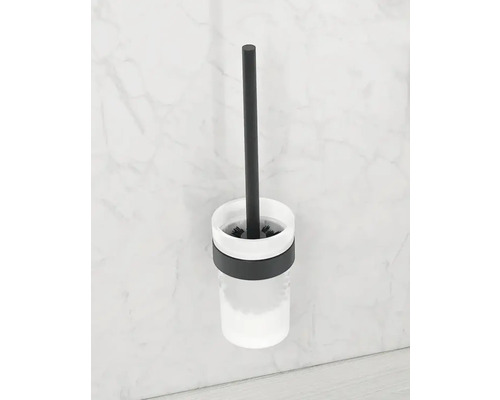 Vägghängd toalettborste med behållare i frostat glas och borste