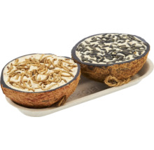 Två halva kokosnötter fyllda med fågelfoder, en med mjölmask och den andra med solrosfrön.