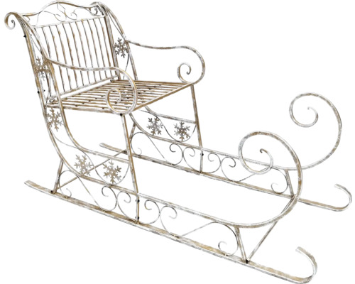 Dekorativ kälke i metall med sittplats och snöflingamotiv