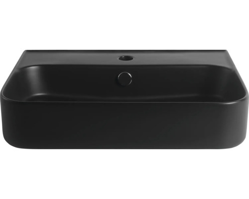 Svart keramisk tvättställ med kranhål och överfyllnadsskydd