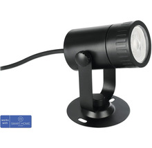 Svart LED-strålkastare för utomhusbruk med markspett och Smart Home-logotyp