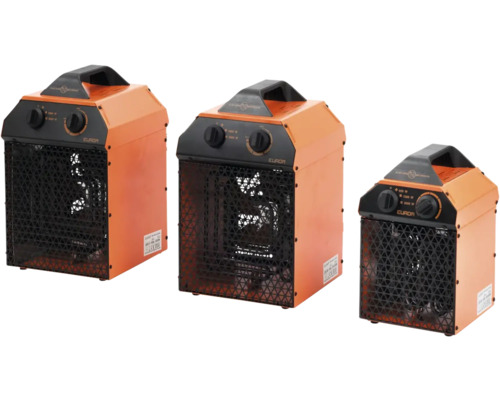 Tre elektriska fläktvärmare i olika storlekar