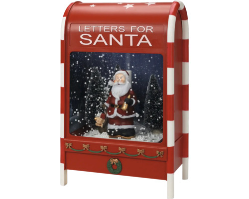 Dekorativ snöglob i form av en brevlåda med jultomtefigur