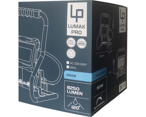 Förpackning för Lumak Pro arbetslampa med tekniska detaljer
