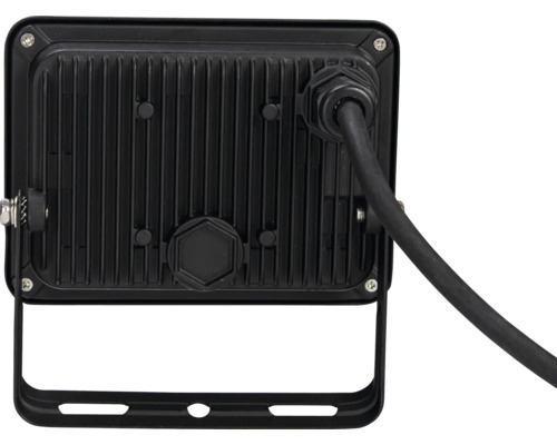 Baksida av en LED-strålkastare med kylflänsar och kabel