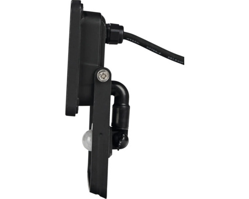 Sidovy av en svart LED-strålkastare med rörelsesdetektor och kabelanslutning