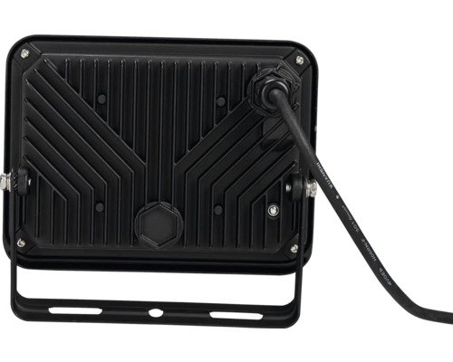 Bakre vy av en LED-strålkastare med kylflänsar och kabelanslutning