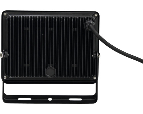 LED-strålkastare med kylflänsar och kabelanslutning.