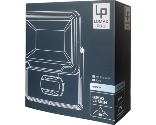 Förpackning av en Lumak Pro strålkastare med tekniska detaljer
