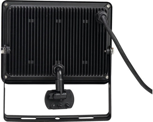Baksidan av en svart LED-strålkastare med kylflänsar, kabel och monteringsfäste