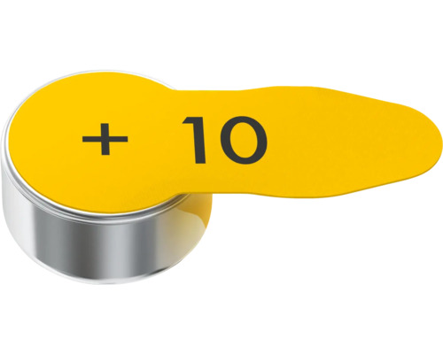 Knappcellsbatteri med gul etikett och plustecken samt nummer 10