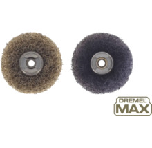 Två slipskivor för elverktyg och Dremel Max-logotypen