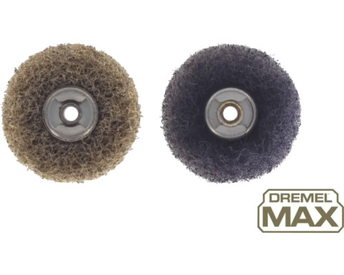 Två slipskivor för elverktyg och Dremel Max-logotypen