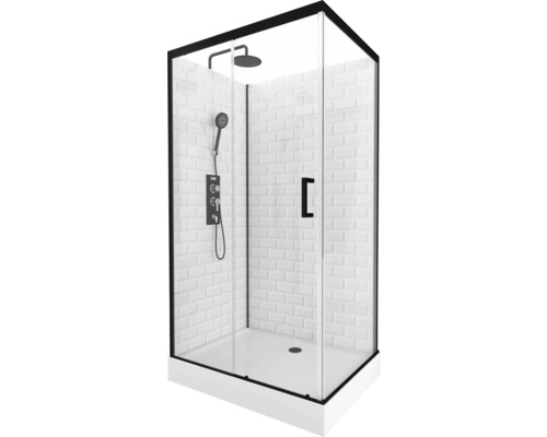 Duschkabin AURLANE Metro svart klarglas ljus komplett set 110x80 cm CAB204 Duschkabin med svart ram, huvud- och handdusch samt vita väggplattor i tunnelbanestil.