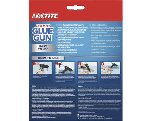 Loctite limpistol med smältlim med exempel på användningsområden och produktegenskaper på förpackningen