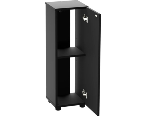 Svart underskåp med öppen dörr och en hylla