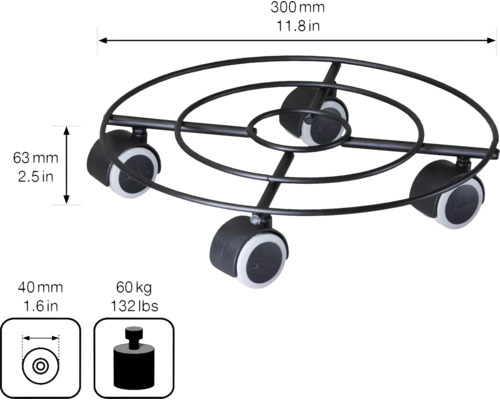 Rullstativ med tre hjul, diameter 300 mm, lastkapacitet 60 kg