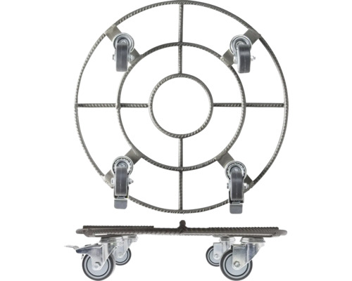 Växtrullare av stål med hjul, ovanifrån och från sidan