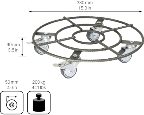 Rullunderlägg i stål med fyra hjul, diameter 380 mm
