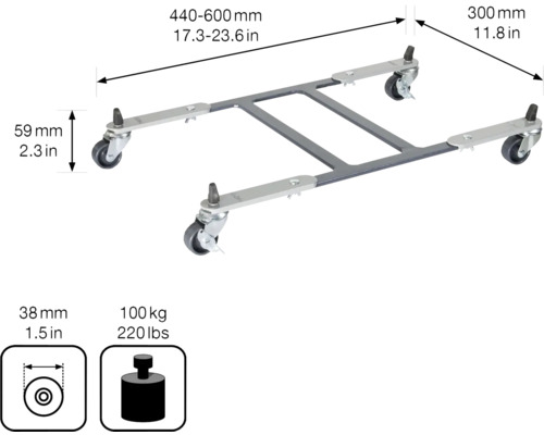 Universell rullbräda med måtten 440 till 600 mm längd och 300 mm bredd, med en maximal lastkapacitet på 100 kg.