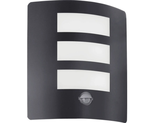 Antracitfärgad utomhusvägglampa med rörelsedetektor och tre ljusfält