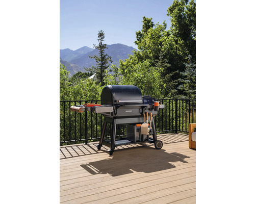 Grill på en terrass med räcke framför ett bergslandskap