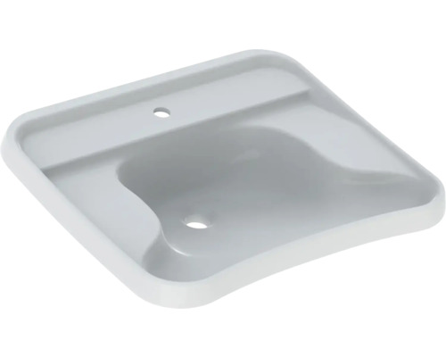 Tvättställ IFÖ Care vit 66x57,5 cm inkl. konsoler utan bräddavlopp 7511857 Överliggande vy av ett keramisk handfat med kranhål och avloppshål