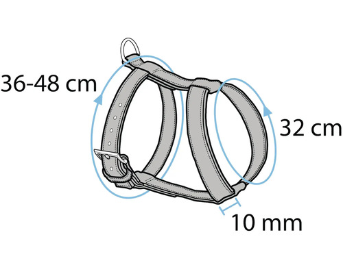 Illustration av hundsele med måttangivelser: halsomkrets 36 till 48 cm, bröstomkrets 32 cm, bredd 10 mm.