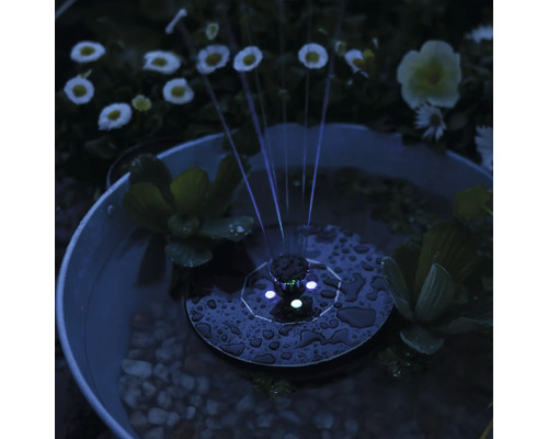 Soldriven fontän i vattenbassäng med växter och stenar