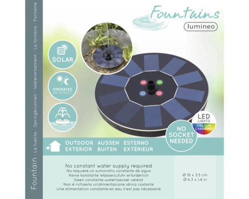 Soldriven fontän för utomhusbruk med LED-belysning