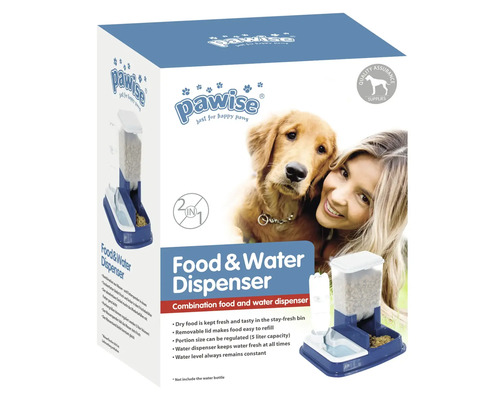 Pawise mat- och vattendispenser för hundar och katter i produktförpackning